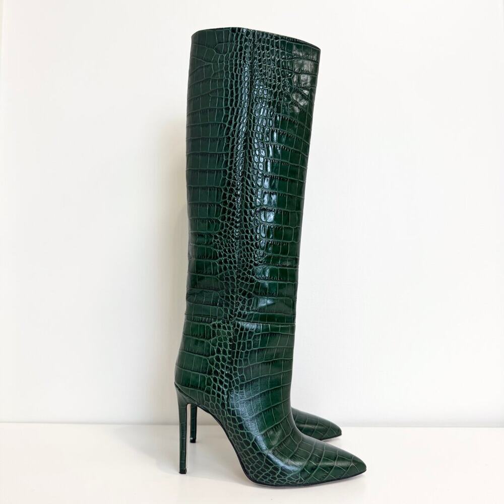 PARIS TEXAS Green Crocodile Pointed Toe Stiletto Heel Knee High Boots 39 Leather